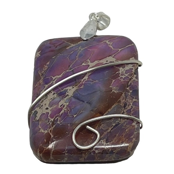 Jewelry - Wire Wrapped Stone Pendant Pink Purple Jasper Silver Tone